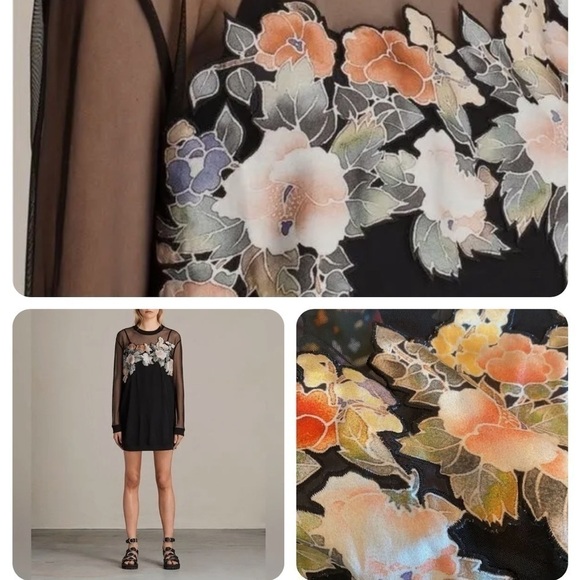 All Saints Keela Sweat Dress Black Sheer Floral Appliqué Size S Feminine Boho - Picture 3 of 8